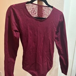 Burgundy body-con long sleeved lace-back bodysuit